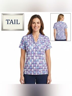 Tail Pleated V-Neck Geometric Color Block Golf Top Medium